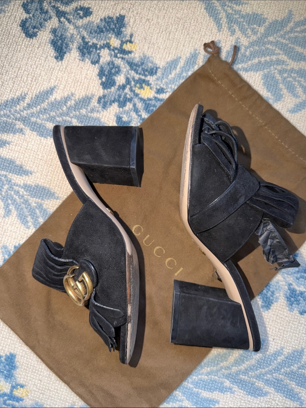 Gucci Black Suede GG Marmont Fringe Mules Block Heel Sandals 38 - Picture 8 of 10